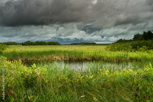 beautiful landscape with storm clouds over a prairie with a pond and green grass
