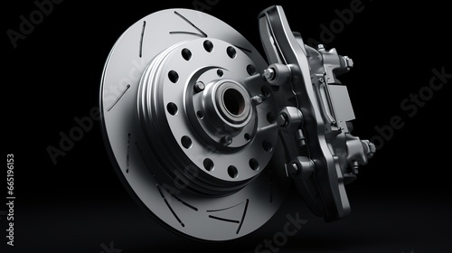 Closeup of steel disc brake car isolated dark background. AI generated image photo