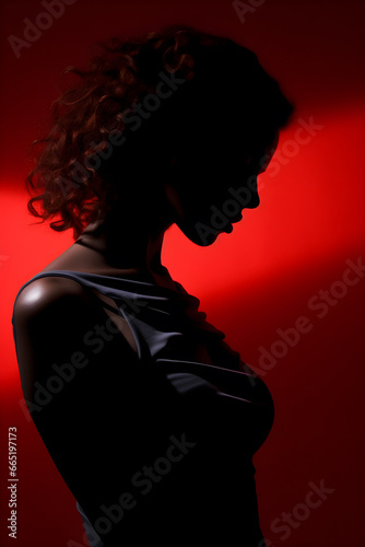 Silhouette of a beautiful woman against a red background, in the style of curves, strong contrast between light and dark, noir style