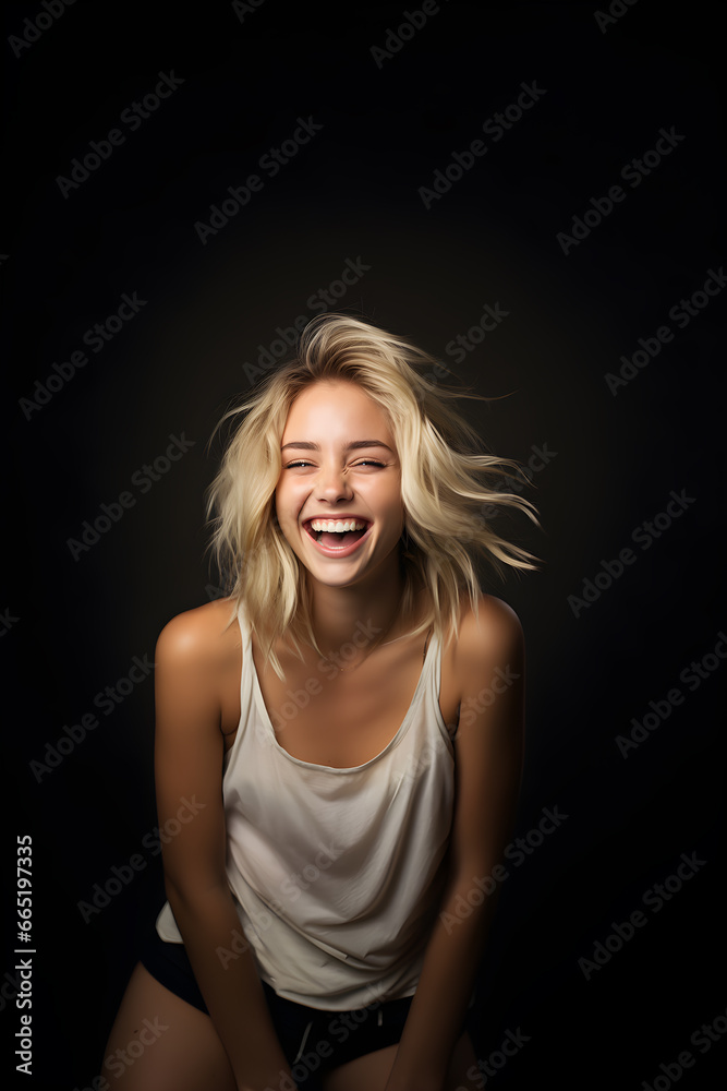 A beautiful young blonde girl, wearing a white t-shirt, looking to the front and laughing with a dark black background, soft light from the top
