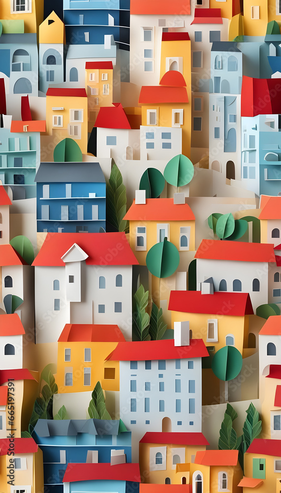 A colorful paper cut out of a city, in the style of wallpaper, villagecore, crisp lines and forms, rich, painterly surfaces, folded planes, arts and crafts movement, sculptural