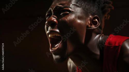 Portrait of angry african american sportsman screaming against dark background
