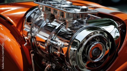 Shiny chrome parts in car engine close up view. AI generated image