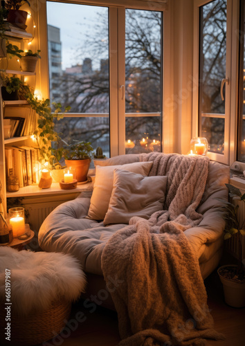Christmas interior of a cozy bedroom, a room with a view of the evening city in lights, New Year, apartment, sweet home, holiday decor, plaid, pillow, candles, bed, window, warm, holiday, festive