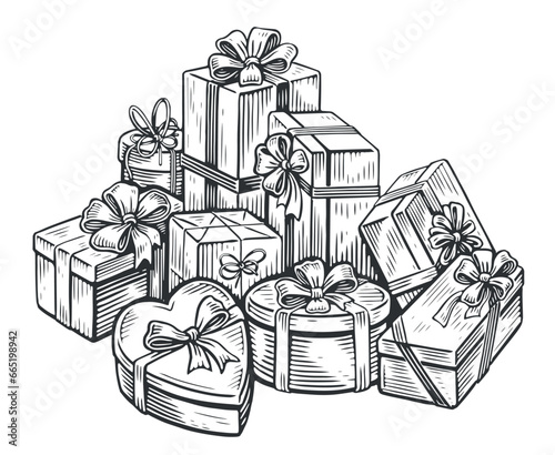 Big pile of gift boxes in festive wrapping paper with ribbon and bows. Holiday and Christmas Gifts. Sketch vector
