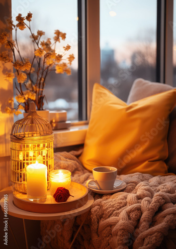 Christmas interior of a cozy bedroom  a room with a view of the evening city in lights  New Year  apartment  sweet home  holiday decor  plaid  pillow  candles  bed  window  warm  holiday  festive