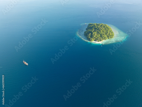 An idyllic, tropical island, surrounded by coral reef, is found in the Dampier Strait of Raja Ampat. This area is known as the heart of the Coral Triangle due to its incredible marine biodiversity. photo