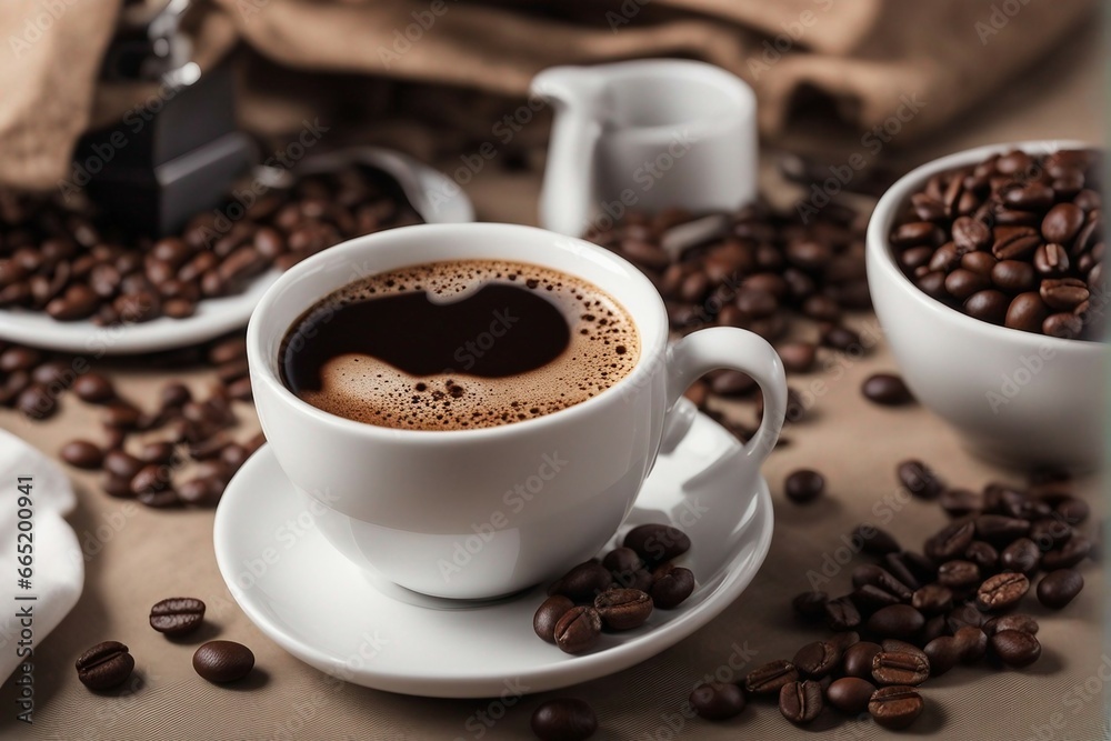 Obraz premium Rich Brew: A Cup of Turkish Coffee with Coffee Beans Scattered Around, a Tribute to the Timeless Tradition of Coffee Culture
