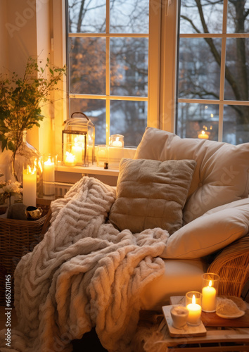 Christmas interior of a cozy bedroom, a room with a view of the evening city in lights, New Year, apartment, sweet home, holiday decor, plaid, pillow, candles, bed, window, warm, holiday, festive