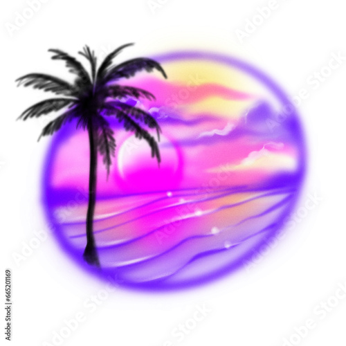 Airbrush vintage tropical palm paradise beach island with purplish sky on sunset circle banner you can add text for your beloved memories and applies on tshirt vintage merch design, or backgroun