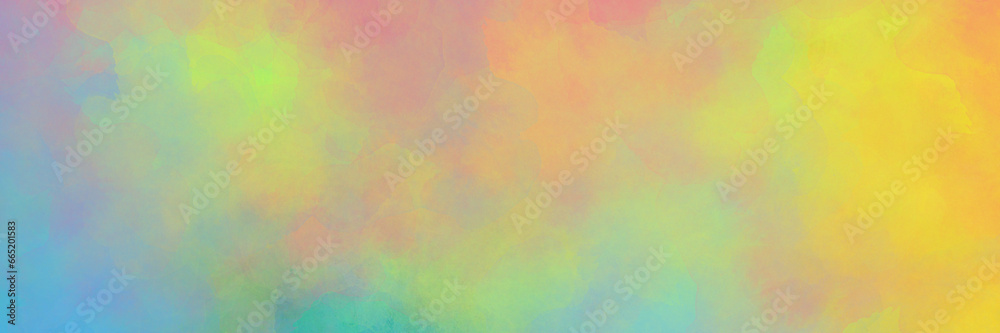 Colorful watercolor background of abstract sunset sky with puffy clouds in bright rainbow colors of pink blue yellow orange green and purple, Easter sunrise background.