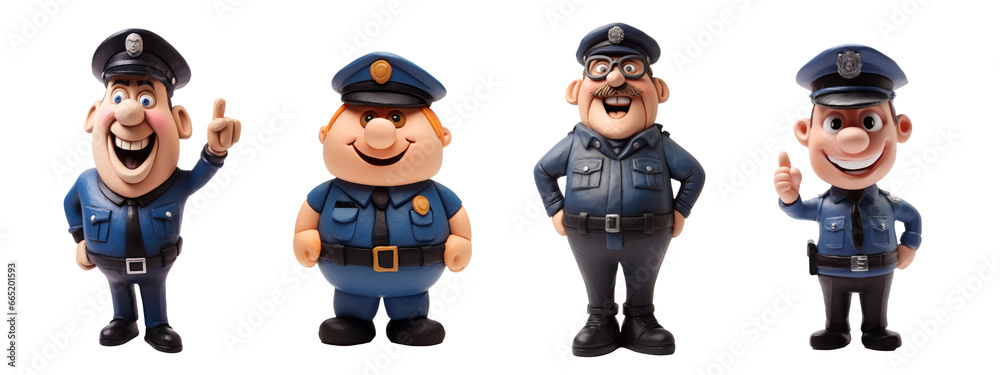 Funny cartoon policeman made of plasticine, different versions, isolated Funny cartoon policeman made of plasticine, different versions, isolated