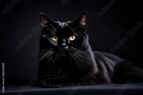 featuring a sleek black cat, its fur gleaming in the studio lights, the focus highlighting the cat's sharp, piercing eyes and velvety coat, Photography, shot