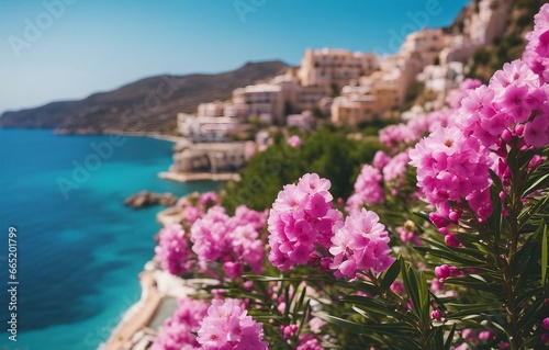 Floral Paradise: A Close-Up of Beautiful Pink Yasmine Flowers Lining a Resort Promenade Adorned with Blooming Colorful Oleanders, Against the Stunning Backdrop of the Sea photo