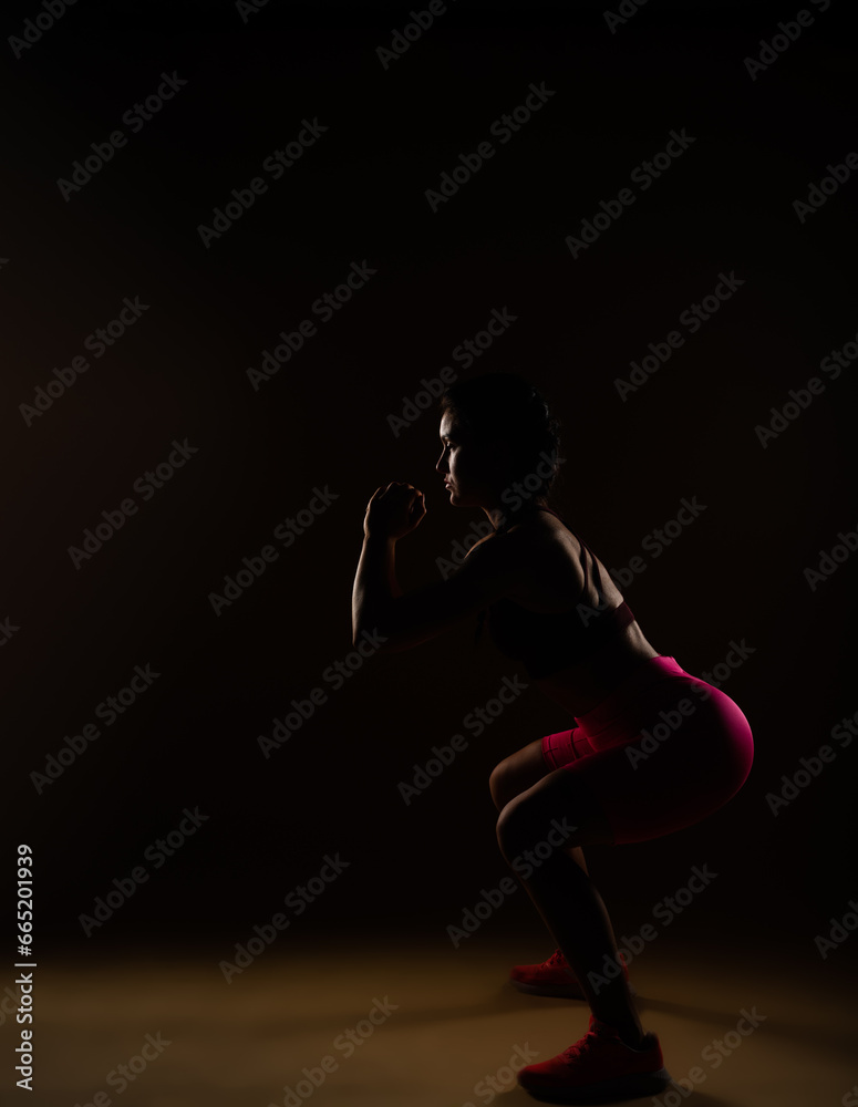 Fit female person doing squats in studio. She is exercising her legs Fit female person doing squats in studio. She is exercising her legs