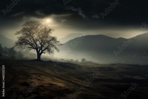 Nighttime landscape with misty tree and hills in darkness. Generative AI