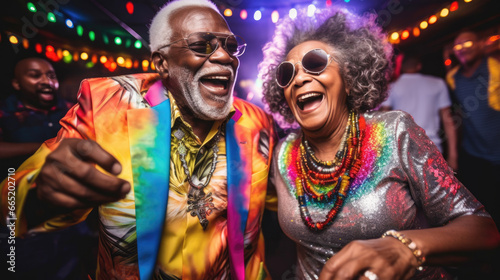 Senior african-american couple wearing colorful clothes dancing and laughing