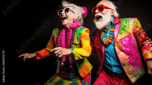 Senior couple wearing colorful clothes dancing and laughing