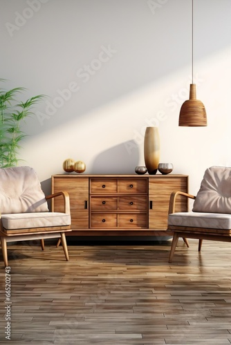 Interior with wooden sideboard 3d rendering