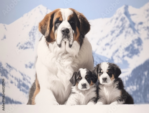 Saint Bernard dog with two puppies with snowy mountains in background photo
