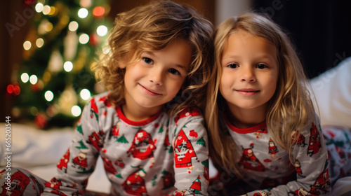 Cute siblings in christmas pajamas with bokeh lights background.