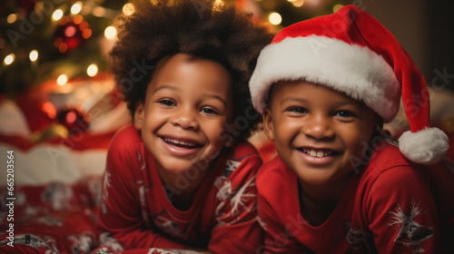 Adorable kids in santa hat in room with christmas decoration smiling and looking at camera.