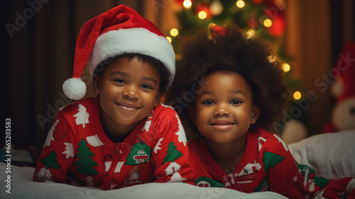 Adorable siblings in christmas pajamas and santa hat smiling and looking at camera.