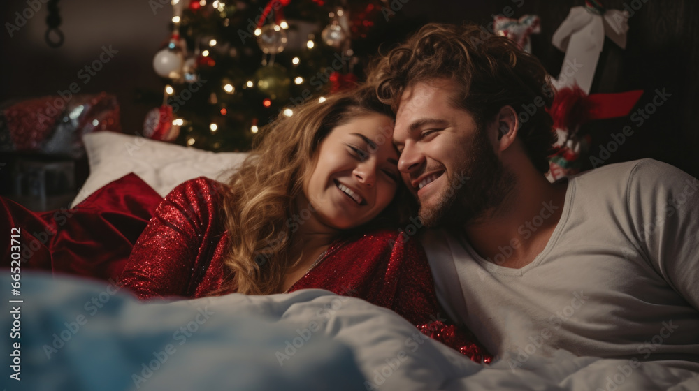 Happy couple lying together on bed at home at christmas time.