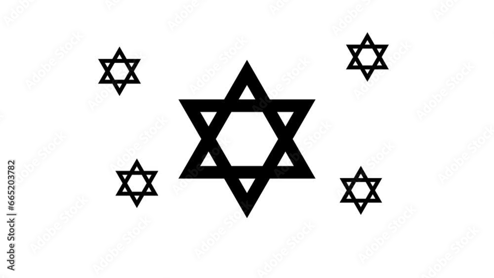 Zoom in and out animation the star of David symbol. Large black symbol in the center and four small symbols around. Seamless looped 4k animation on white background