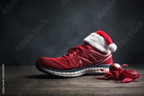 New years resolution running shoe with a santa claus hat. Healthy lifestyle, new year challenge © ink drop