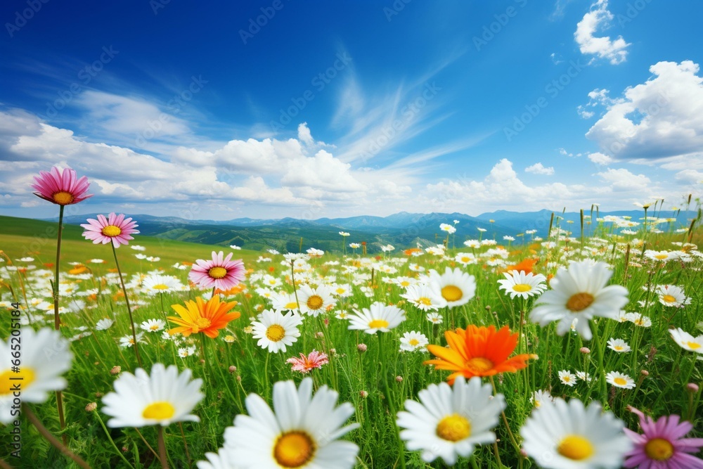 Colorful daisies decorate a green field in the summertime. Generative AI