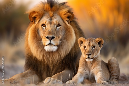 Adult and cub lions in isolation. Generative AI