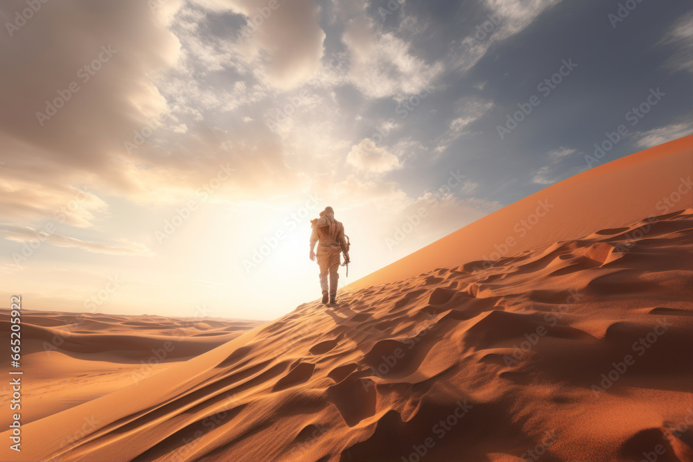 man walking in the desert with sand dunes man walking in the desert with sand dunes