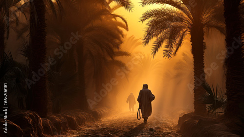 Man walking in the desert with palm trees.