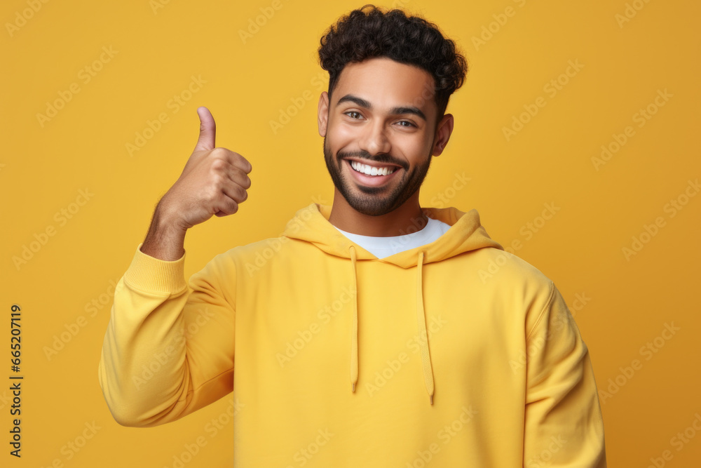 Man wearing yellow hoodie is shown giving thumbs up gesture. This image can be used to depict approval, success, positivity, or endorsement in various contexts. Man wearing yellow hoodie is shown giving thumbs up gesture. This image can be used to depict approval, success, positivity, or endorsement in various contexts.