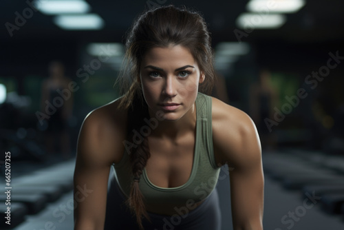 Beautiful young woman in gym setting. This picture can be used to showcase fitness, health, and exercise concepts.