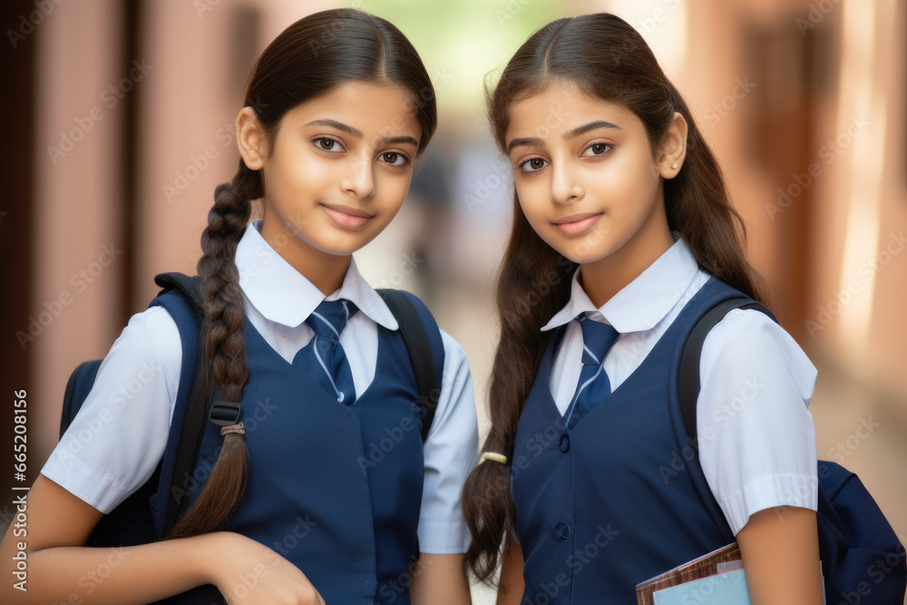 Two young girls standing next to each other in school uniforms. This image can be used to represent friendship, education, or school-related concepts. Two young girls standing next to each other in school uniforms. This image can be used to represent friendship, education, or school-related concepts.