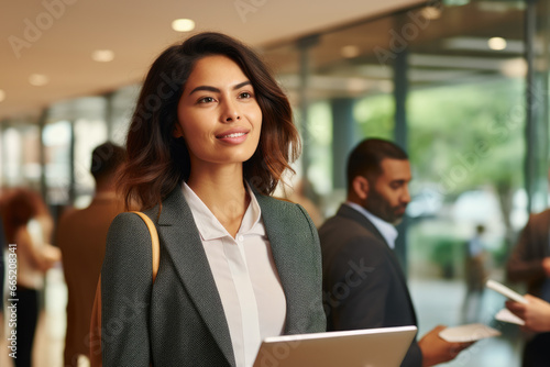 Professional woman in business suit holding laptop. This image can be used to depict modern technology, business meetings, or remote work.