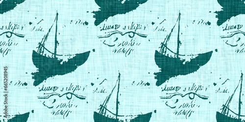 Teal green white vibrant watercolor batik azulejos tile border banner background. Seamless aqua coastal blur linen effect geometric mosaic effect.Boho Patchwork nautical masculine summer ribbon trim. 