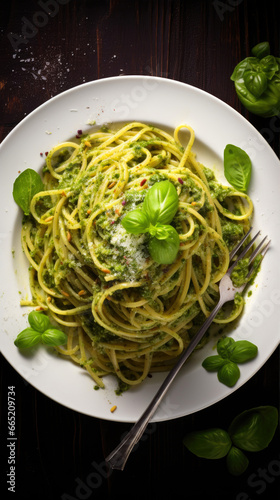 Spaghetti with pesto sauce and parmesan cheese, selective focus