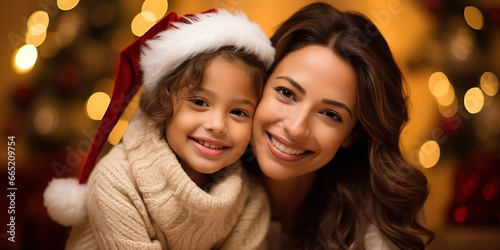 Latin American mother and daughter, hugging, Christmas celebration © Gabriela