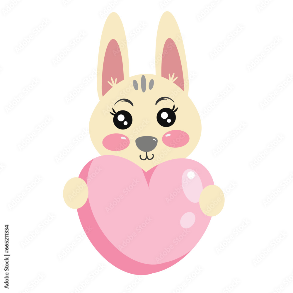 Cute kawaii cartoon bunny, rabbit and hare holding a heart sign