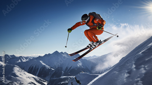 Winter extreme sports cool shot of  ski in motion  photo