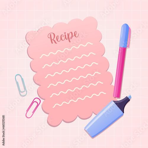 Cartoon clean recipe page of the cookbook with pen, marker, and clips