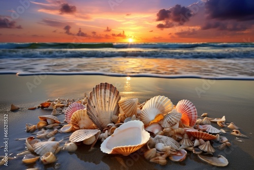 Seashell seashore with glass shells under sunset sky. Generative AI