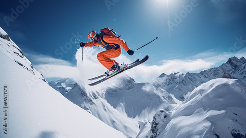 Winter extreme sports cool shot of ski in motion 