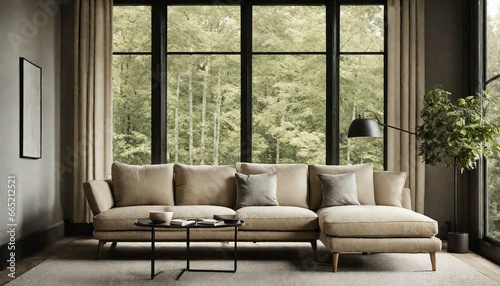 Beige corner sofa against of big windows. Minimalist interior design of modern living room in country house in forest © Carlos