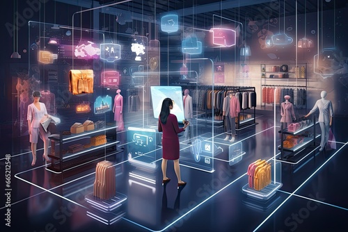 Rear view of a woman looking at the screen of a store in a modern shopping center, 3d rendering toned image double exposure, E-commerce Revolution, online shopping