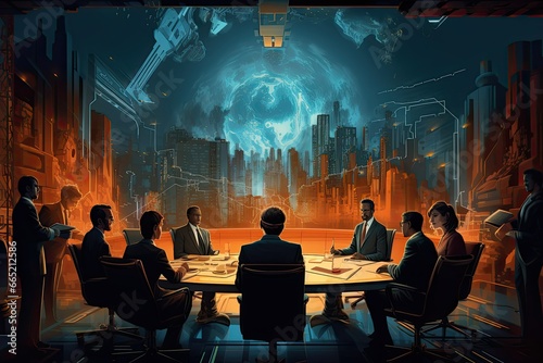 Business people in conference room with night cityscape and moon, Mixed media, colorful illustration, global business meeting, technological business meeting concept