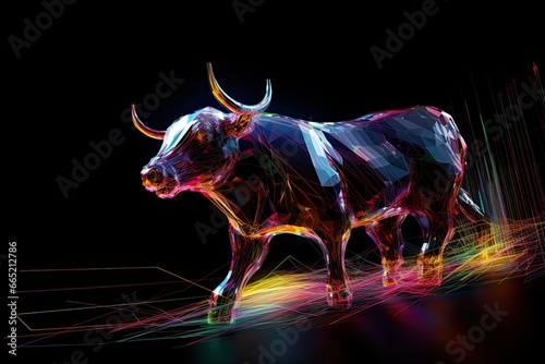 Abstract bull on a black background with colorful lines, 3d rendering, Bull market trend in crypto currency or stocks, concept of stock market exchange